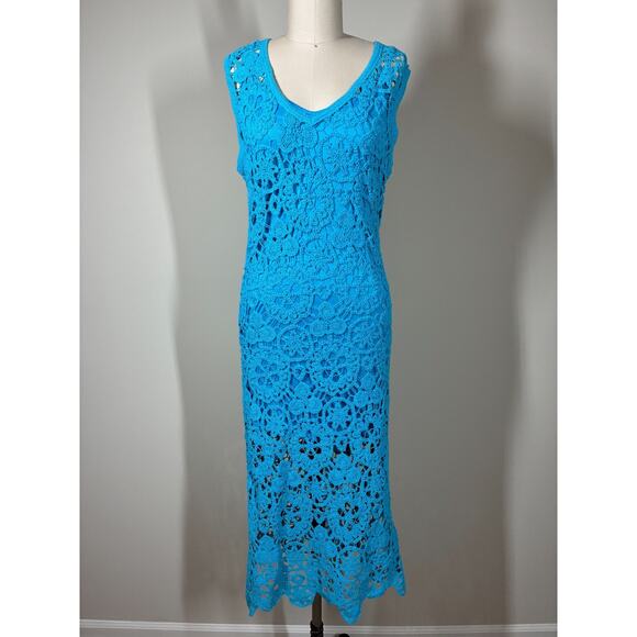 House of Harlow Blue Lace Open Knit Midi Bodycon Dress XS Lined Crochet Colorful - Picture 2 of 16